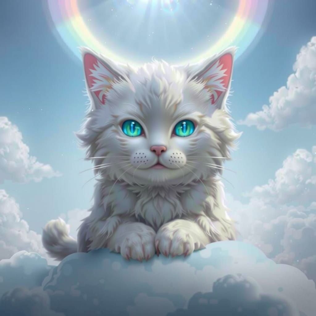 Whimsical Anime Cat Sits on Pastel Cloud