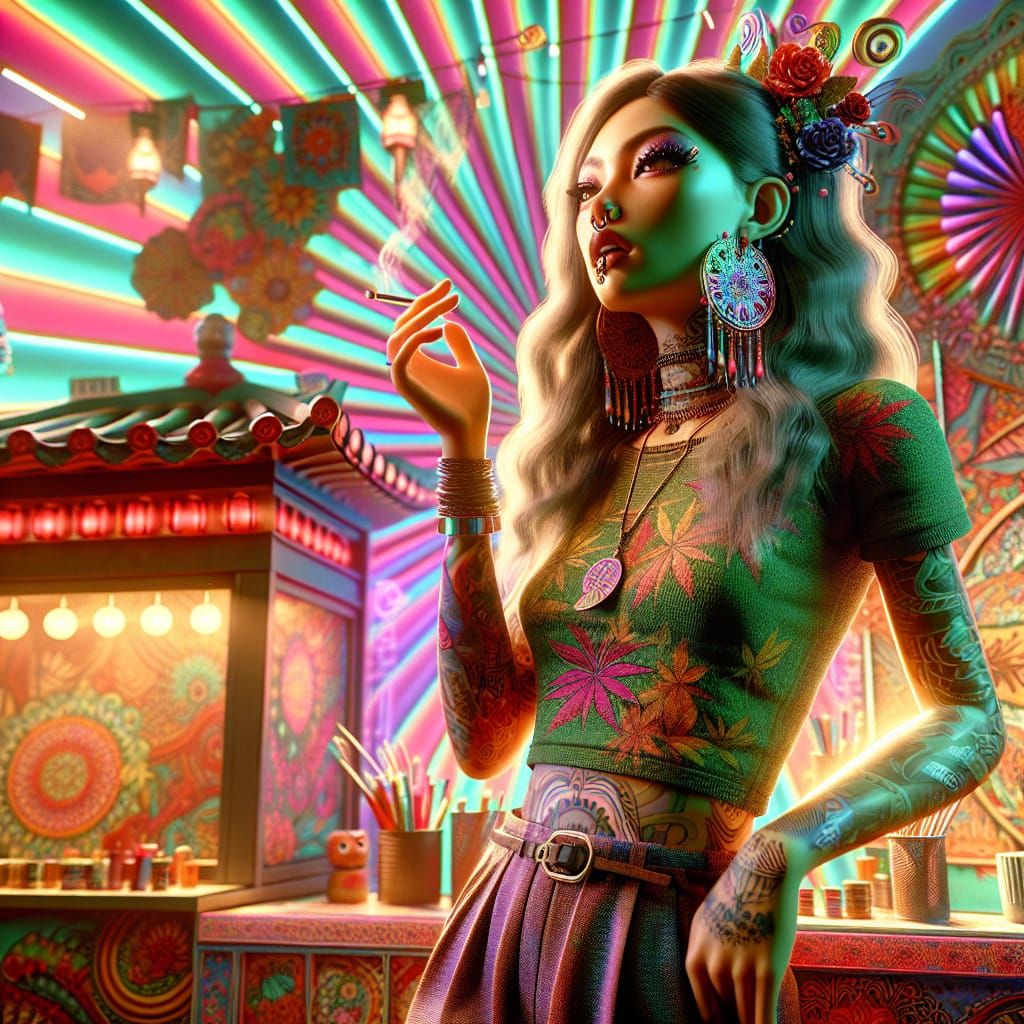 Woman with Tattoos Smoking in Vividly Colored Room