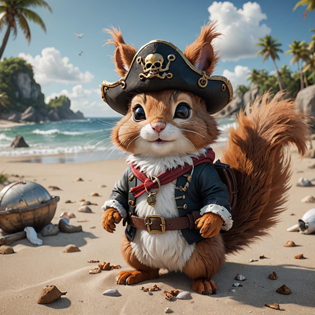 Squirrel-Cat Pirate on the Beach: Fantasy Concept Art