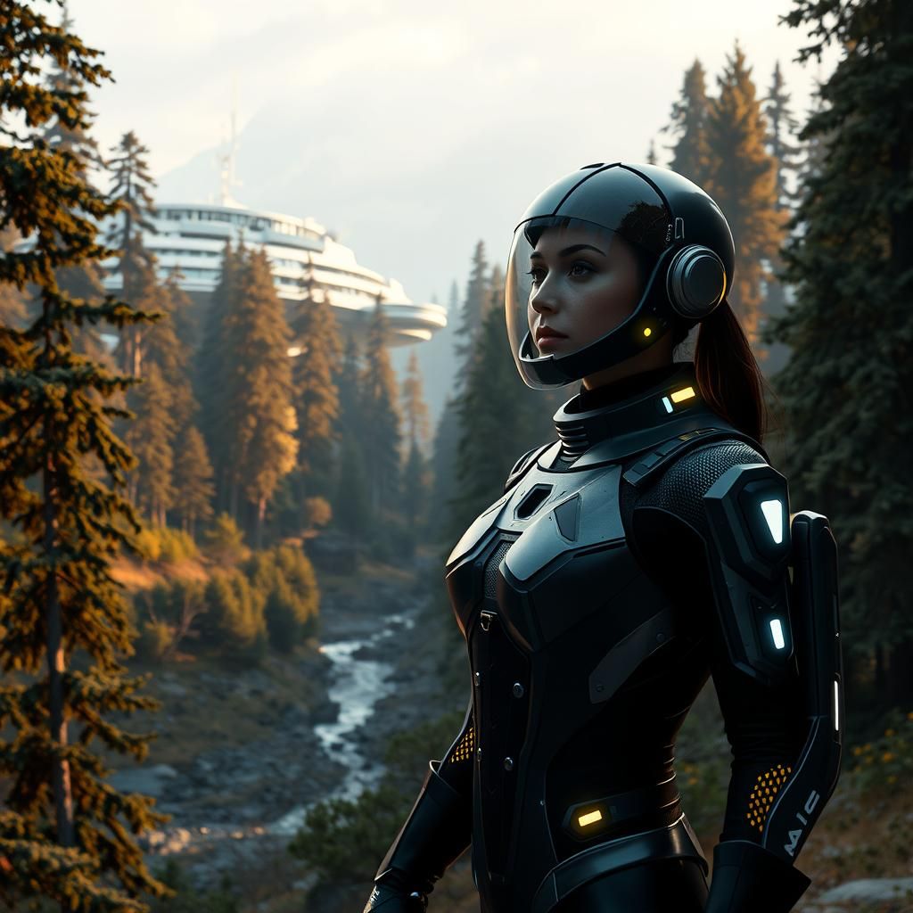 Futuristic Woman and Generation Ship in Forest