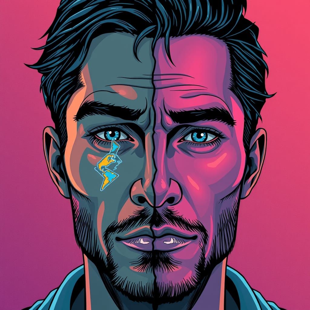 Contrasting Worlds Reflected in a Divided Face