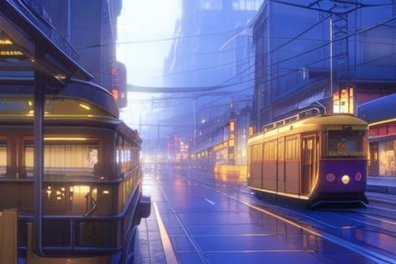 Nighttime Tram in Anime Style