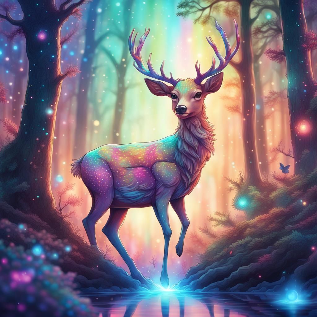 Chibi Deer in Forest: Holographic Astral Illustration
