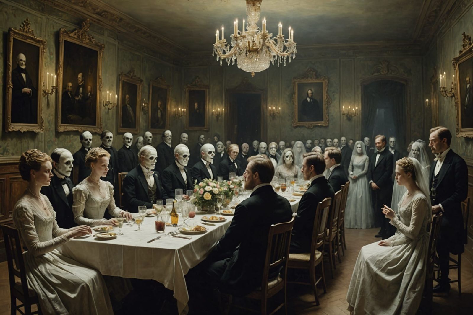 Ethereal Spirits Gather in Crowded Banquet Hall