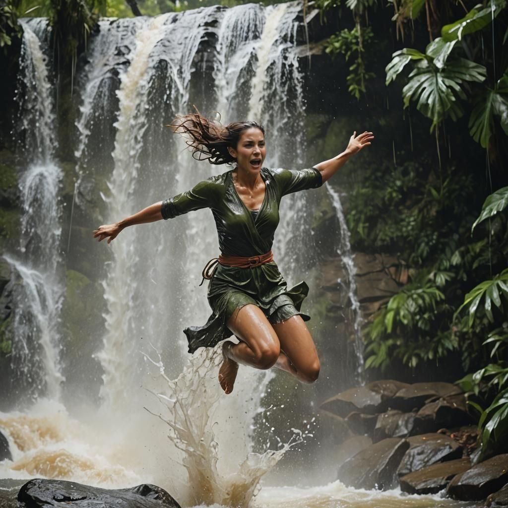 A dynamic action shot of a woman in mid-leap