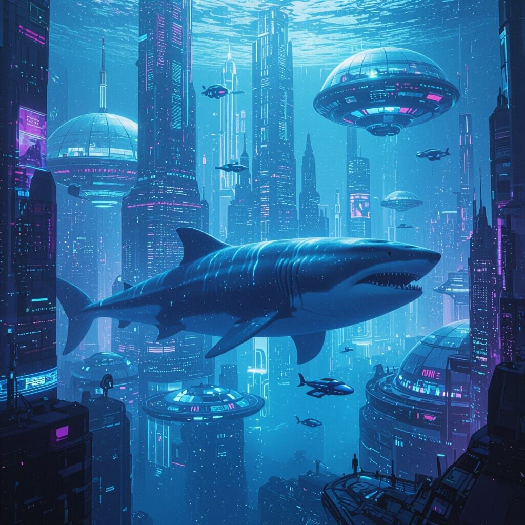 Futuristic Underwater City with Megalodon in Cyberpunk Style