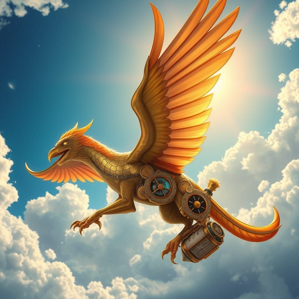 Steampunk Griffin Soaring Through Sunlit Sky