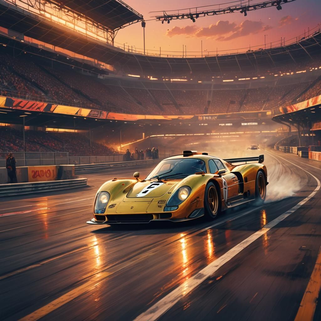 Porsche Races Through Deserted Arena as Oil Painting