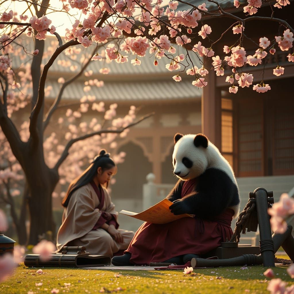 Samurai Studies Ancient Scrolls with Tranquil Panda in Edo P...