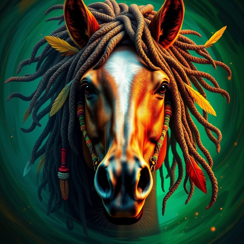 Vibrant Horse Face with Tangled Dreadlocks in a Dreamlike At...