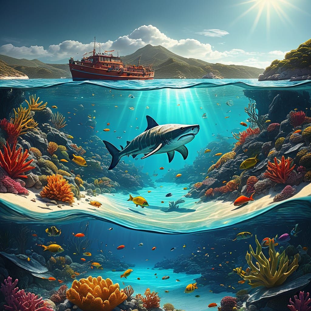 Shark in Sunlit Ocean with Coral Reef