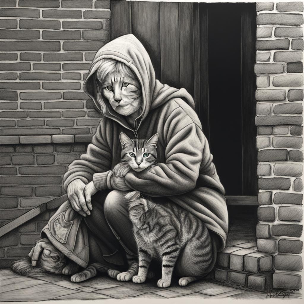 Detailed Charcoal Drawing: Homeless Woman with Cat