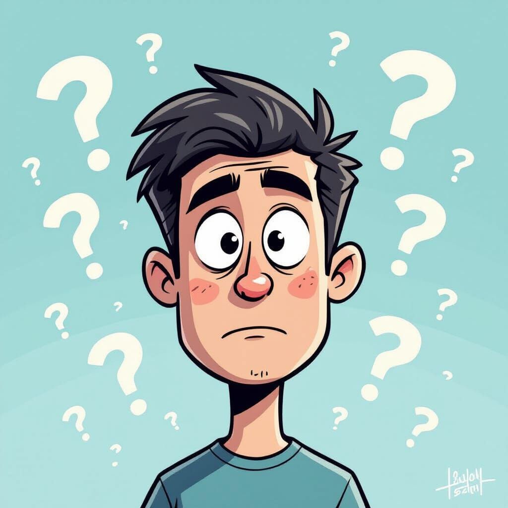 Confused Cartoon Face with Floating Question Marks