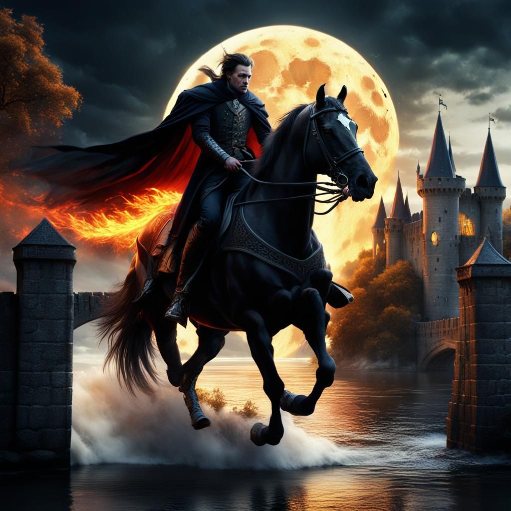 Gothic Vampire on Fire Horse to Sky Castle