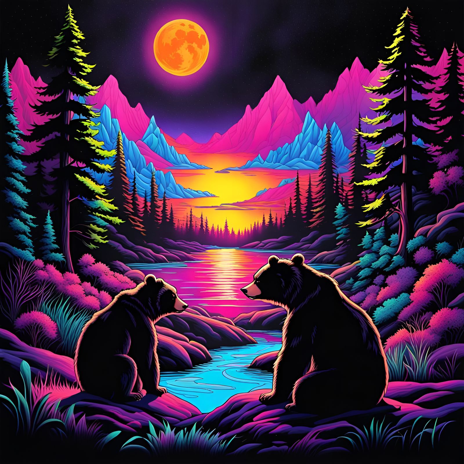 Black Light Graffiti Art Featuring Two Bears