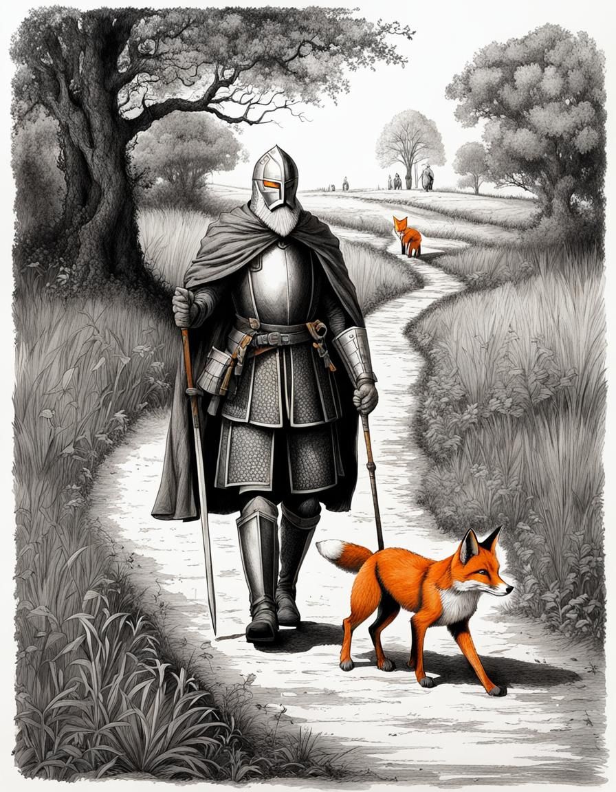 Old Knight and Fox Pup: Inked Line Drawing