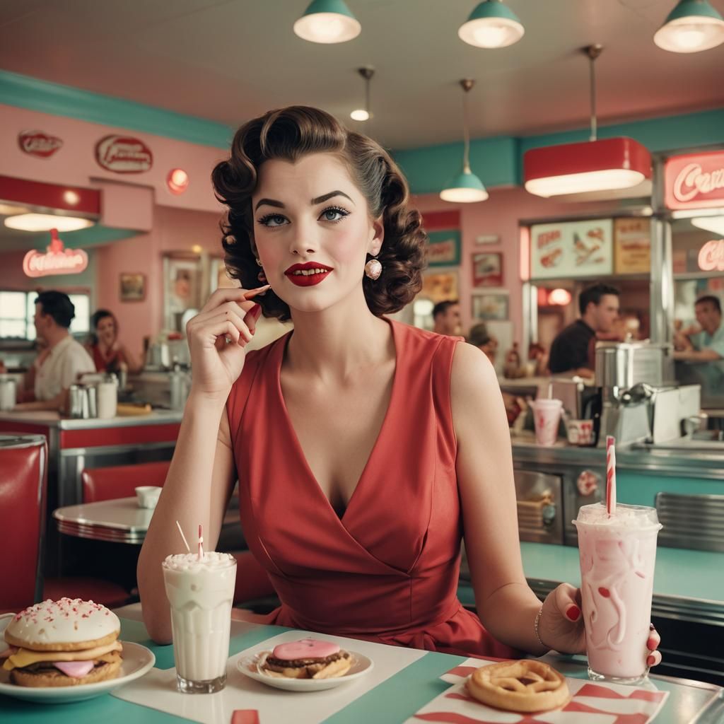 Retro Pin-Up Girl in Diner, Pulp Art Style