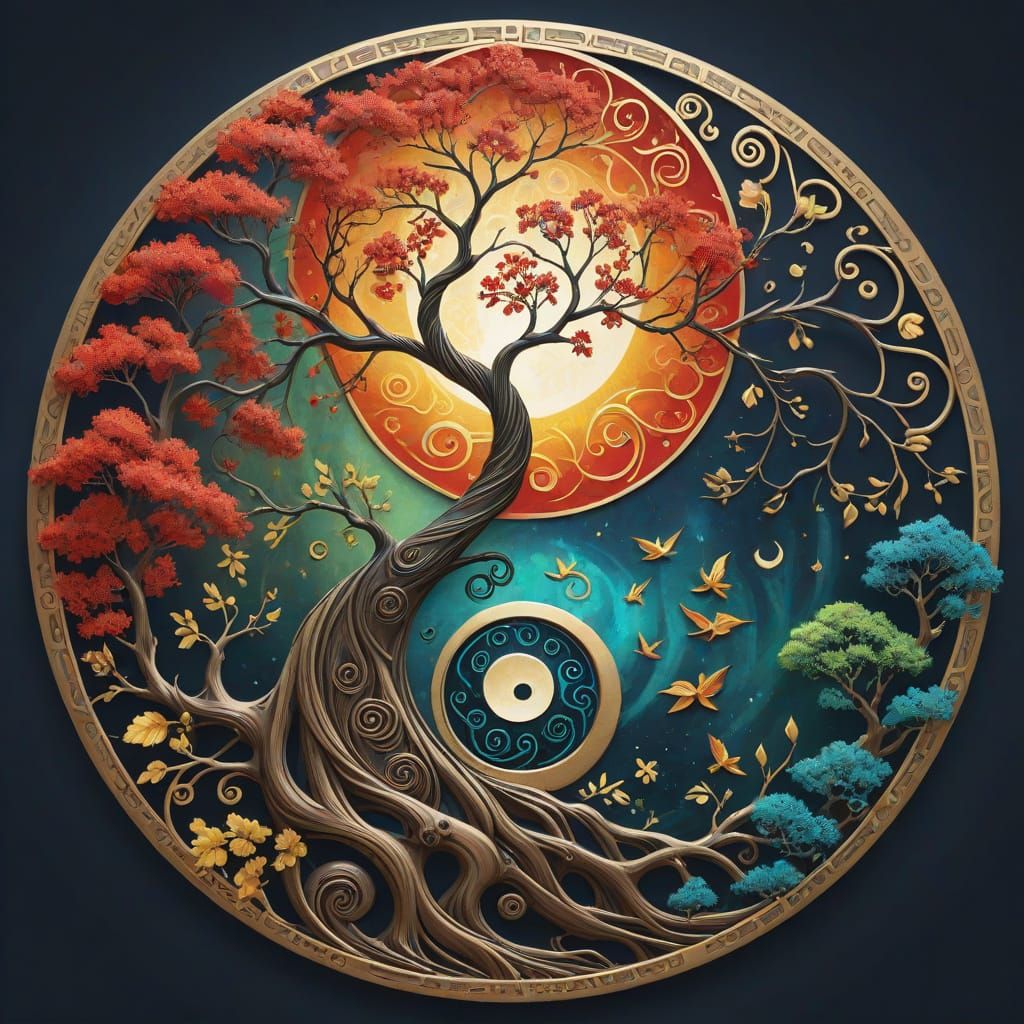 Stylized Yin Yang Symbol with Vivid Colored Trees
