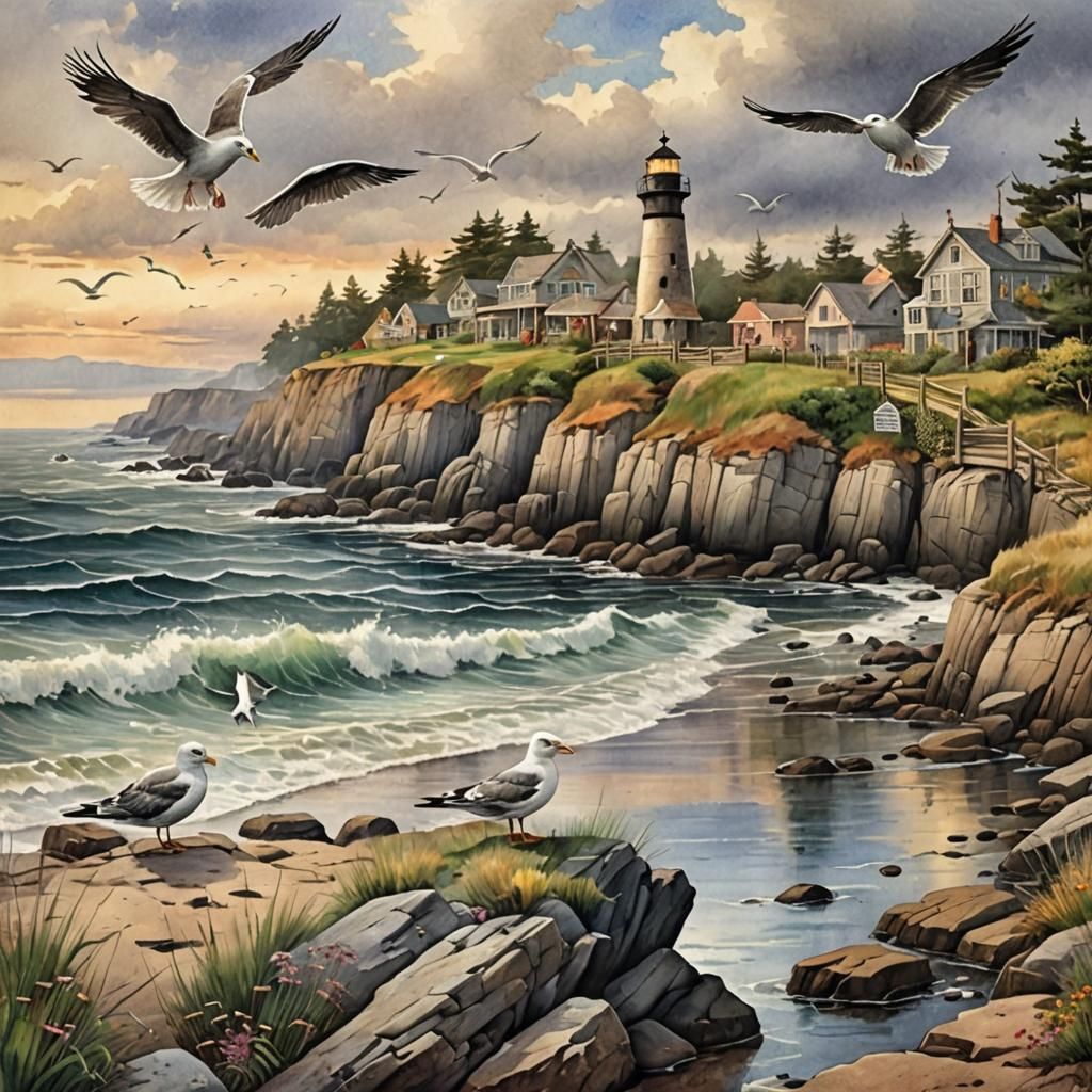 Seagulls on Coast in Watercolor Style