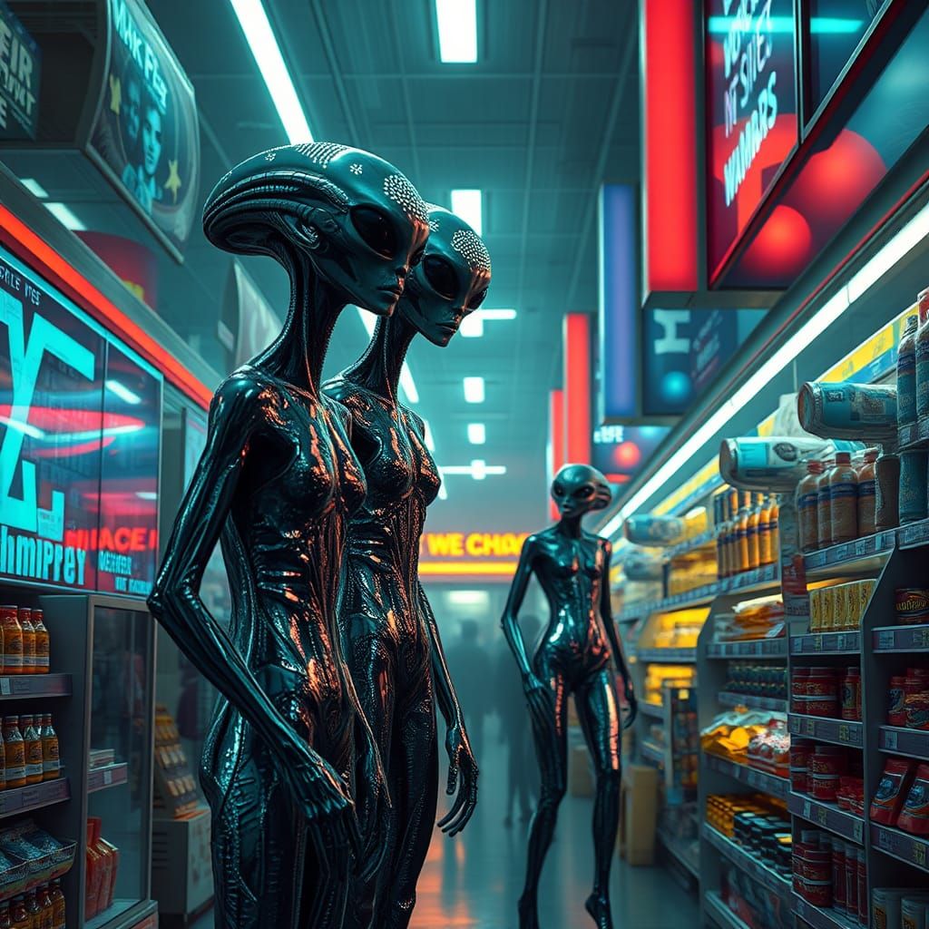 Ethereal Aliens in Dystopian Walmart, Cyberpunk Style