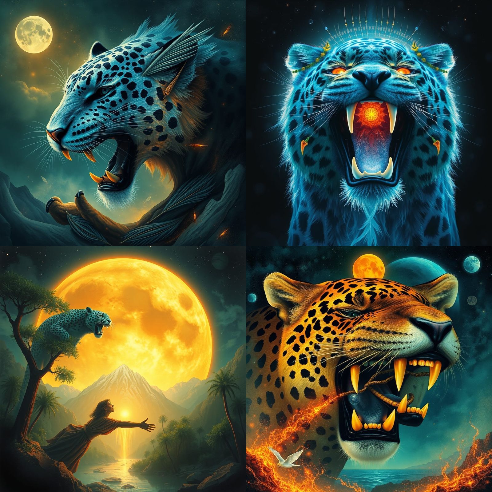 Surreal Shaman Cityscape with Jaguars and Mythical Gods