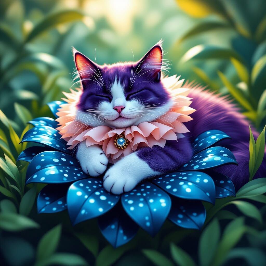 Peaceful Cat on Flower in Digital Matte Painting Style