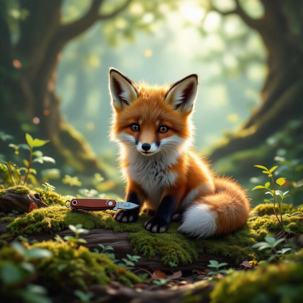 Dreamy Fantasy Fox with Swiss Army Knife in Forest