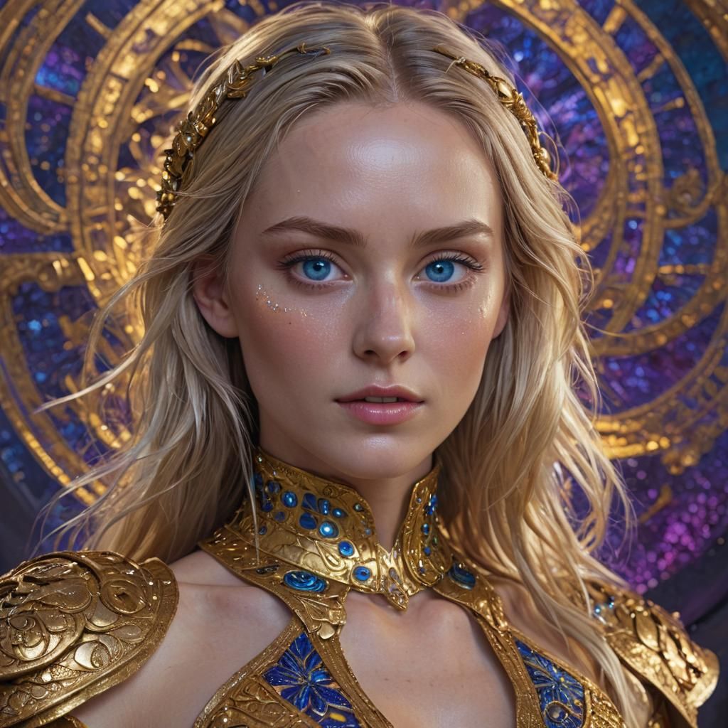 Sci-Fi Woman with Golden Fabric and Blue Makeup