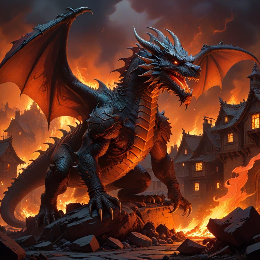 Ancient Dragon Surveys Fiery Village in Dark Fantasy Art