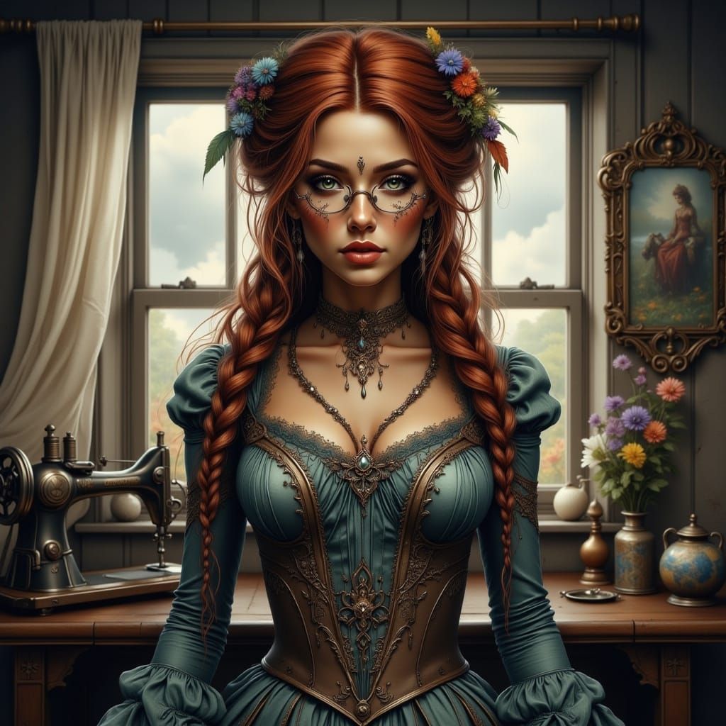 Seamstress in Victorian Style with Red Hair