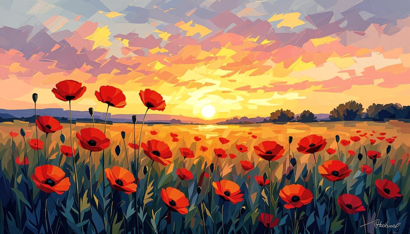 Vibrant Poppy Field at Sunset in Street Art Style