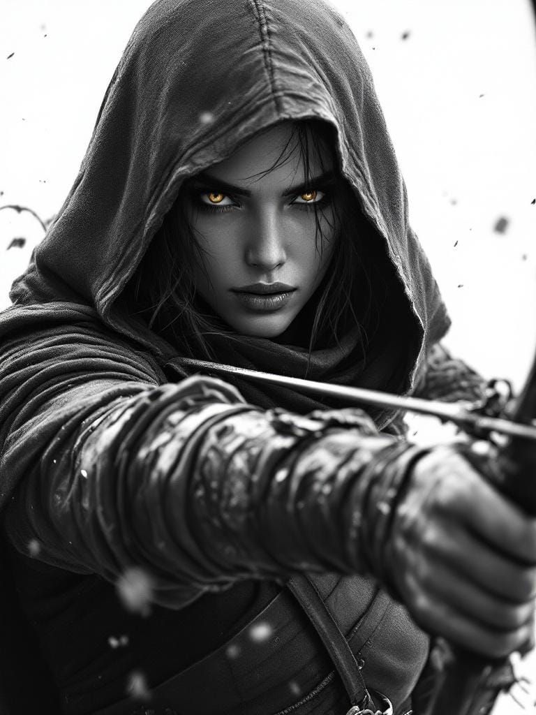 Grayscale Female Warrior with Bow and Arrow