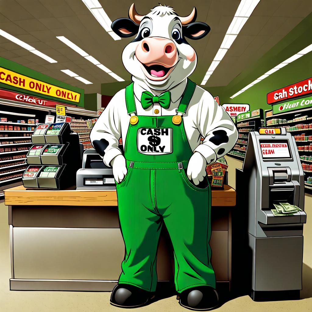Cartoon Cow Cashier at Store Checkout