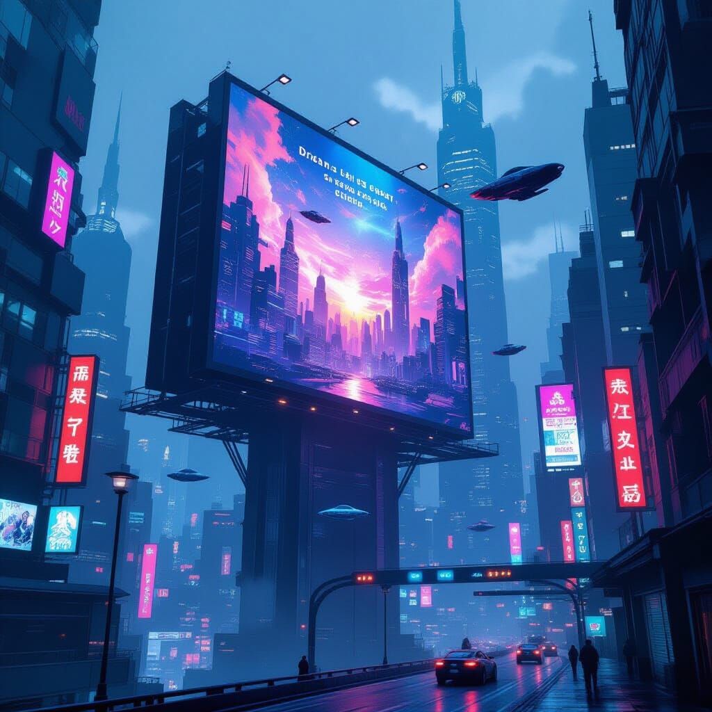 Cyberpunk Cityscape with Dreamlike Billboard, Gritty Aesthet...