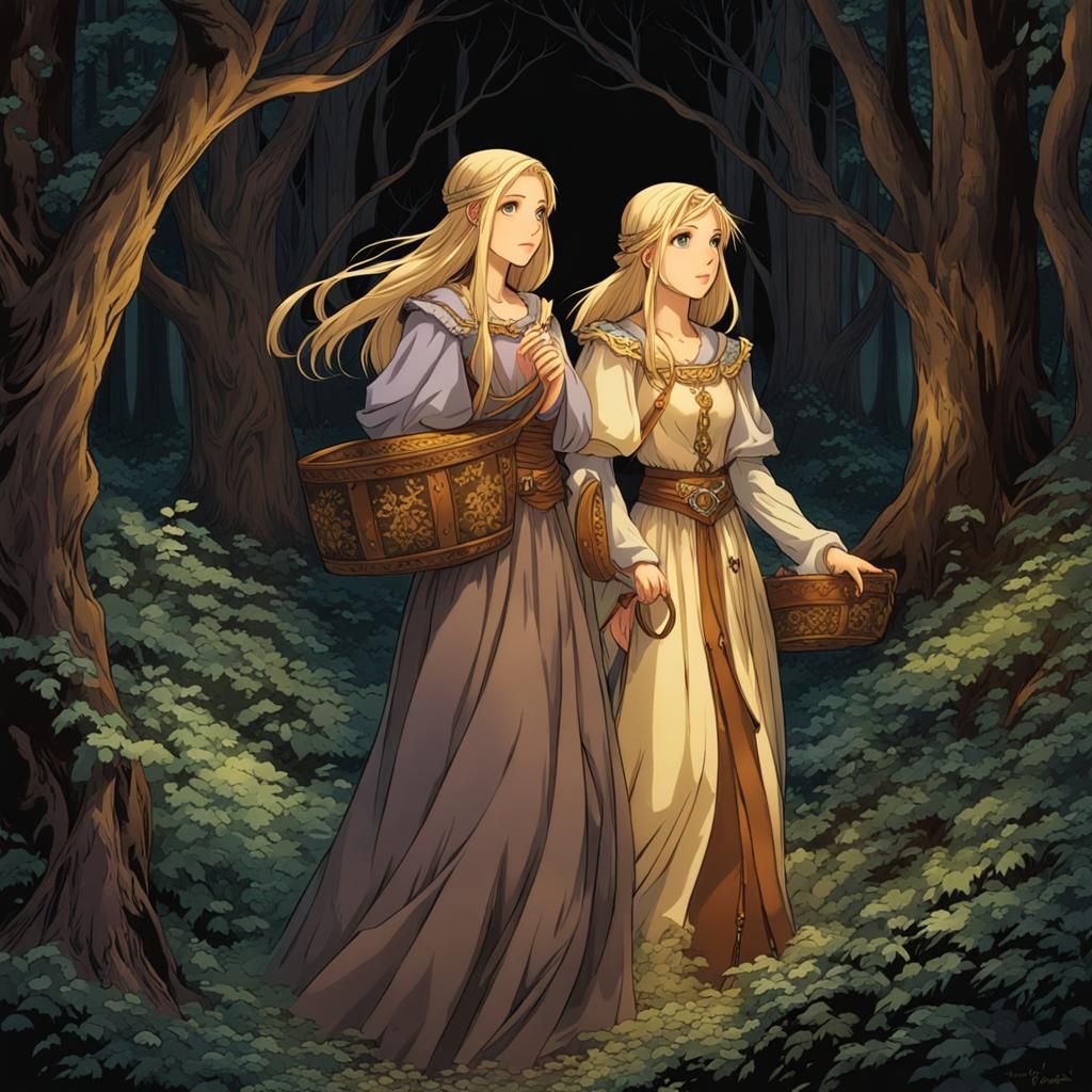 Sisters in Dark Forest, Anime Style Fantasy