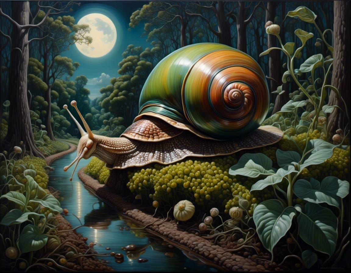 Giant Snail in City of Trees Under Moonlight