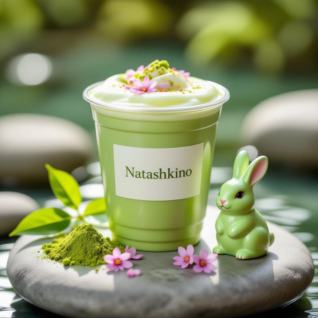 Matcha Latte in Pearlescent Cup with Sakura Flowers