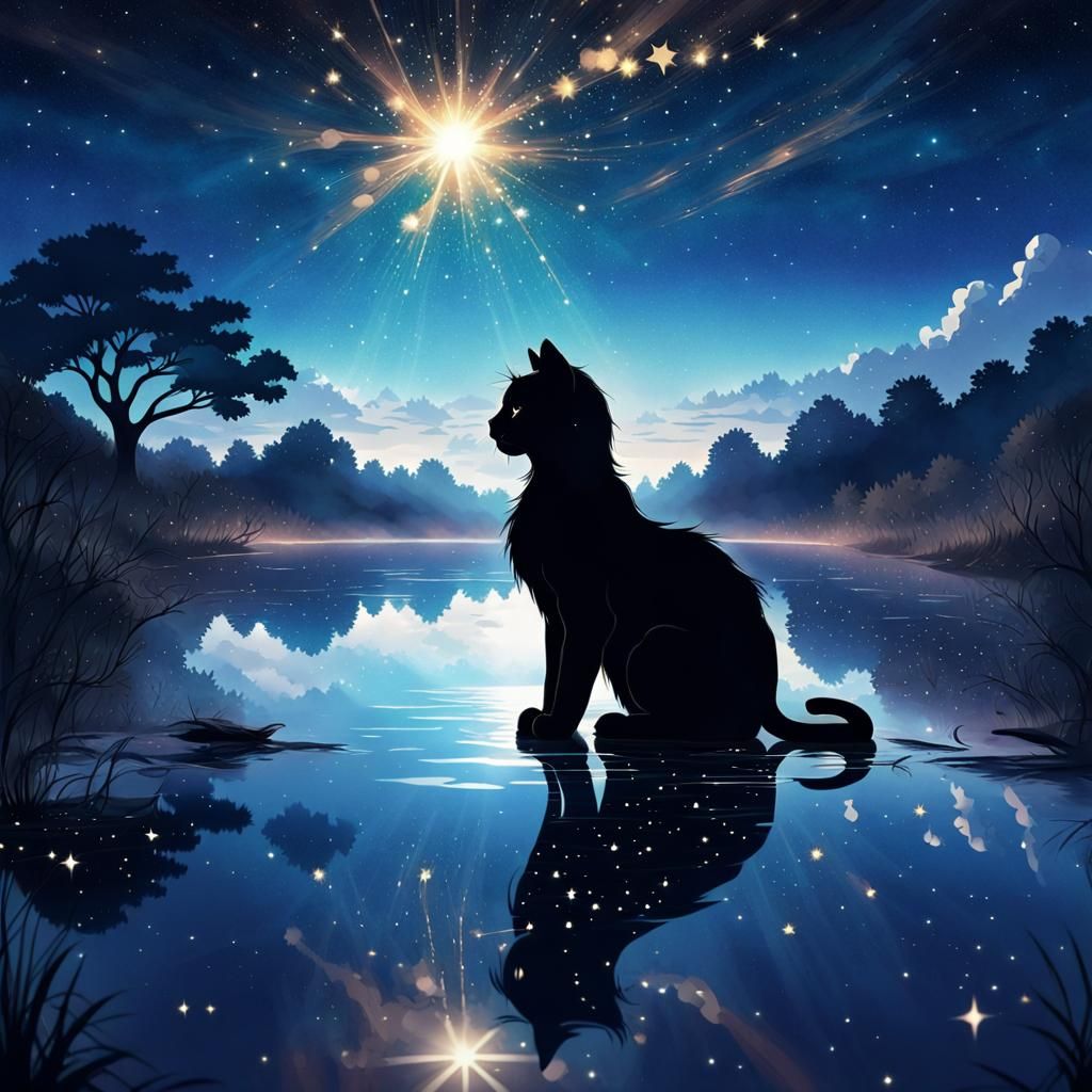 Cat Silhouette Reflects Lion in Starry Anime Art