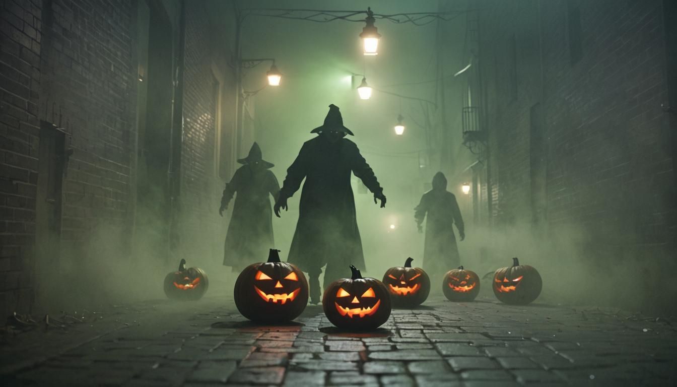 Sinister Green Halloween Pumpkins in Misty Alleyway