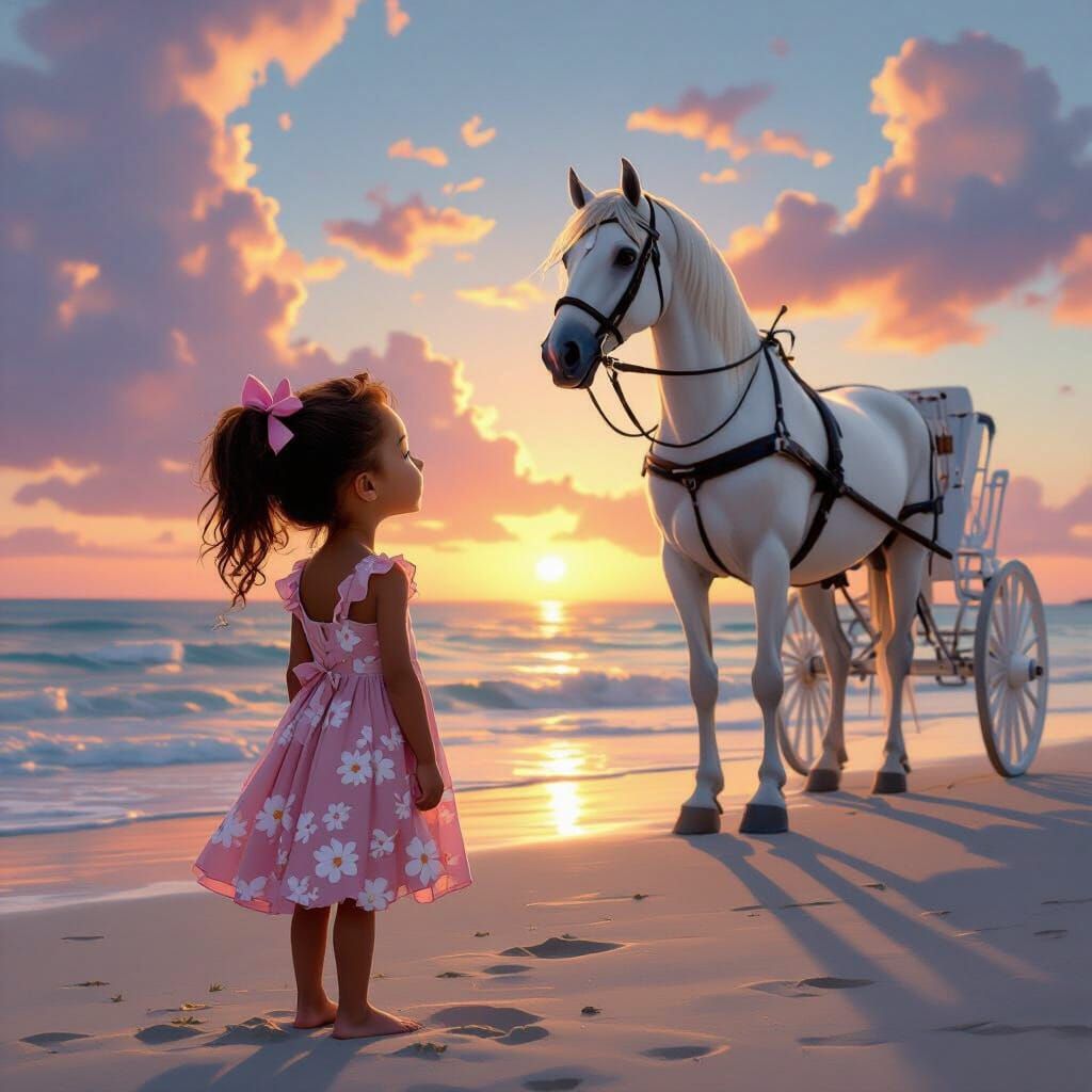 Girl and White Horse Carriage at Sunset