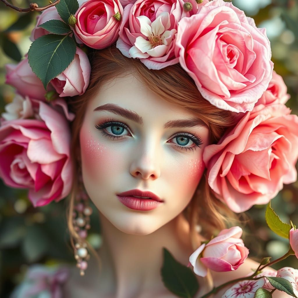 Delicate Fairy with Pastel Makeup and Rose Petal Wings in Et...
