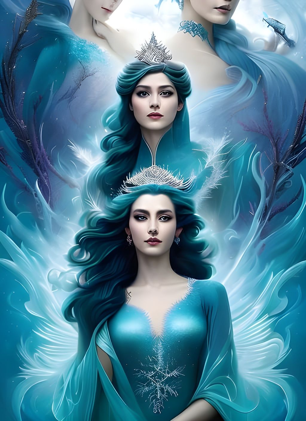 Teal-Haired Ocean Queen Portrait in Digital Art Style