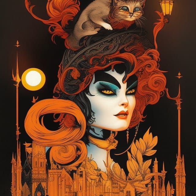 Evil Witch Cat Portrait in Victorian Horror Style