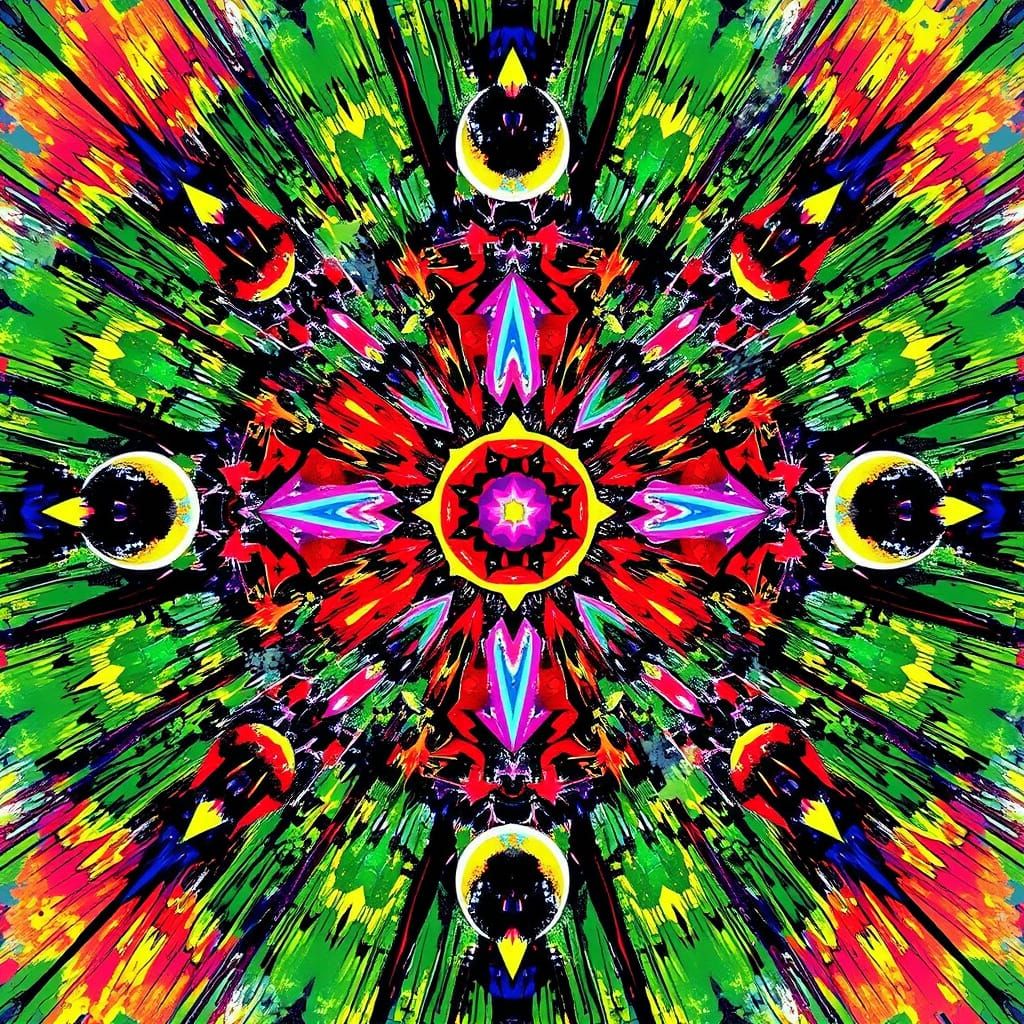 Neon Stars and Moons in a Kaleidoscopic Pattern