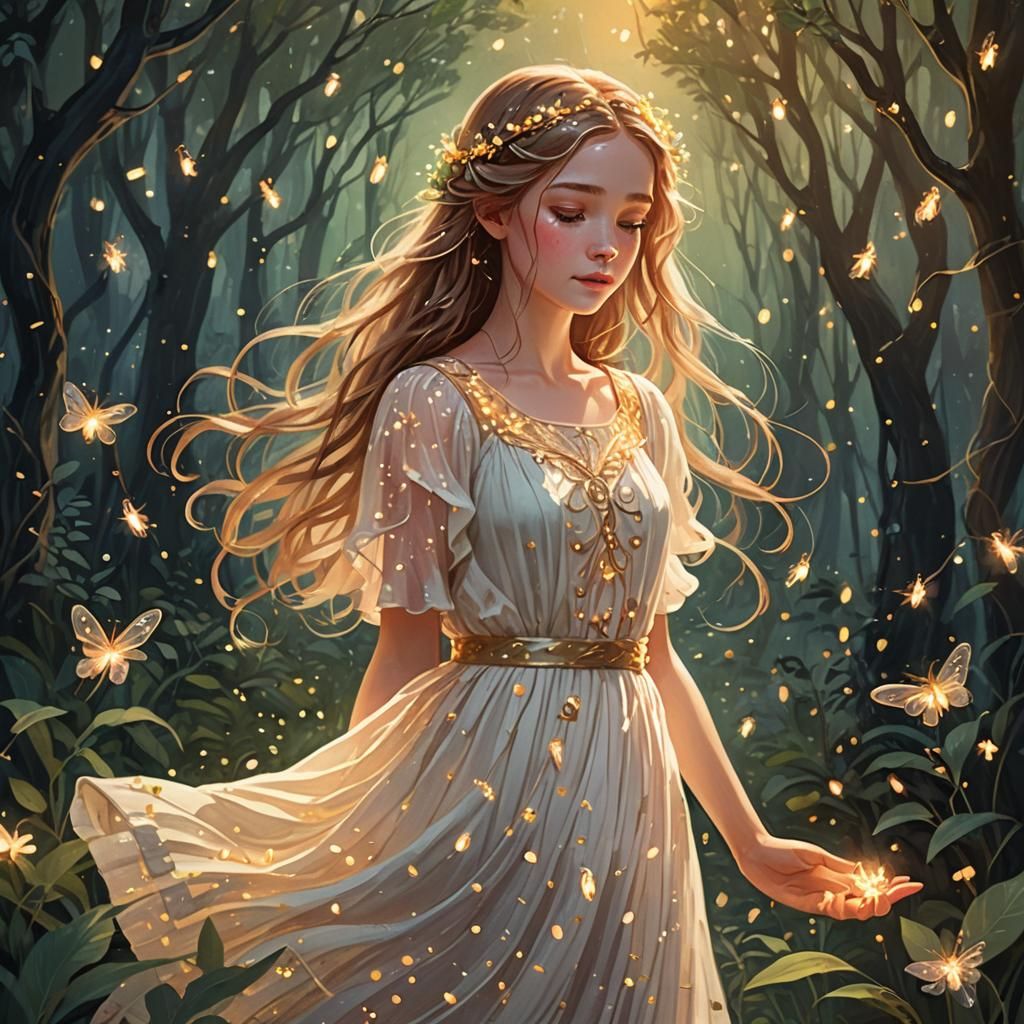 Enchanting Forest Scene with Girl in White Dress