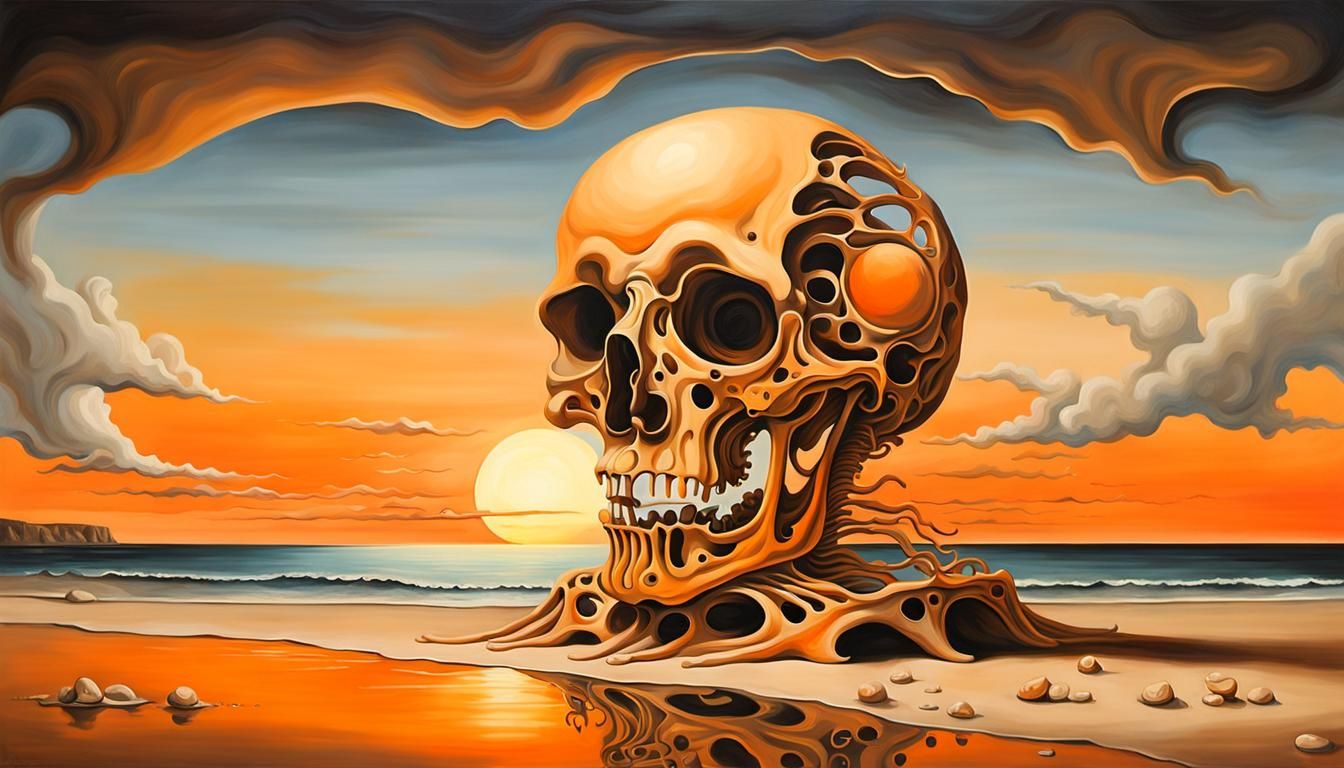 Surreal Sunset Ribcage on Beach, Dali Style