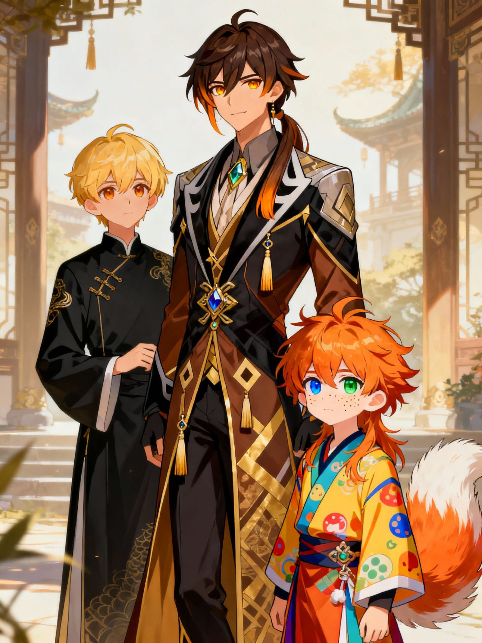 Genshin Impact's Zhongli with Two Young Boys in Anime Style