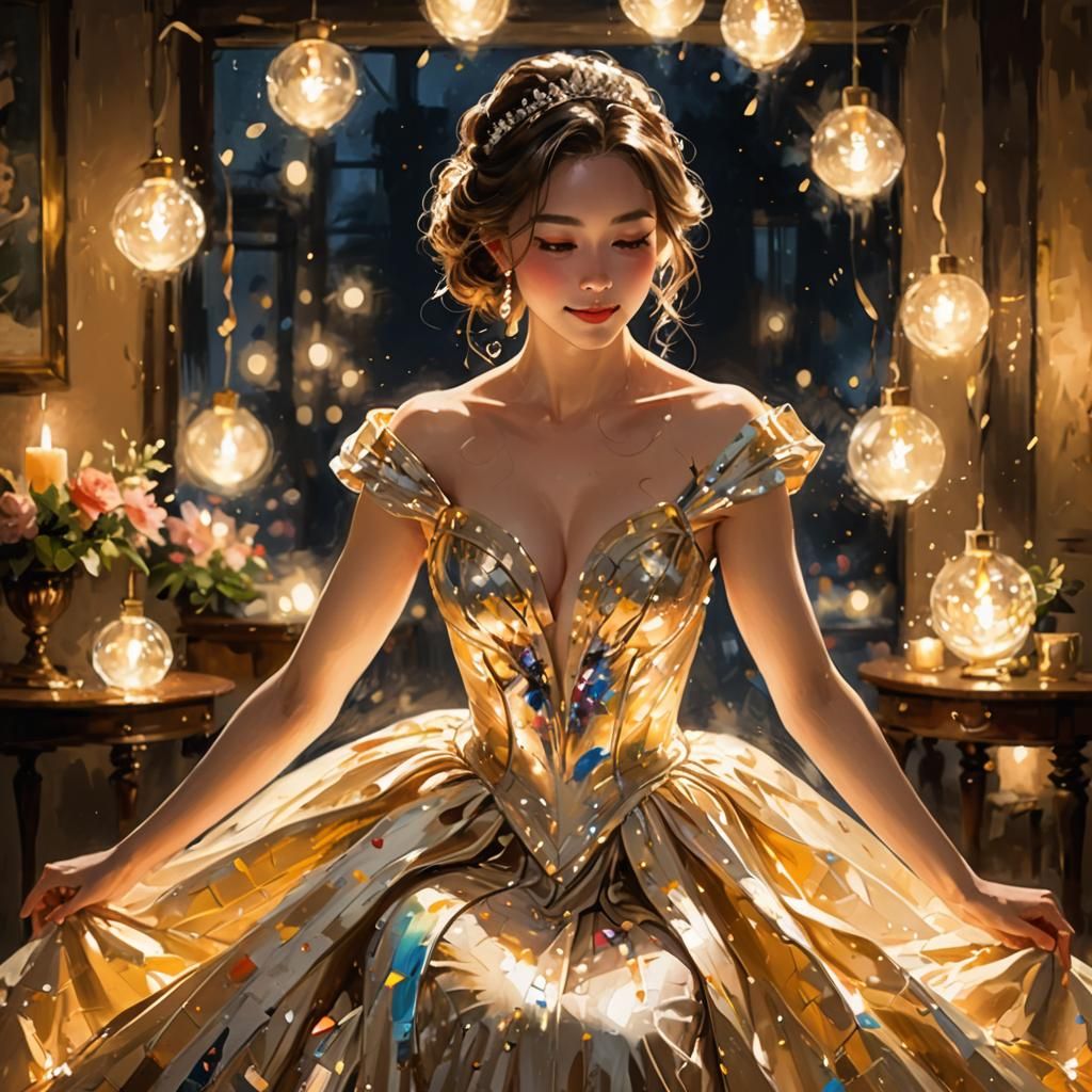 Woman in Gown with Radiant Joy, Ink Art