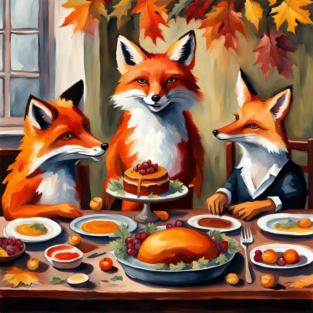 Festive Foxes Celebrate Thanksgiving: Gouache-Style Impressi...
