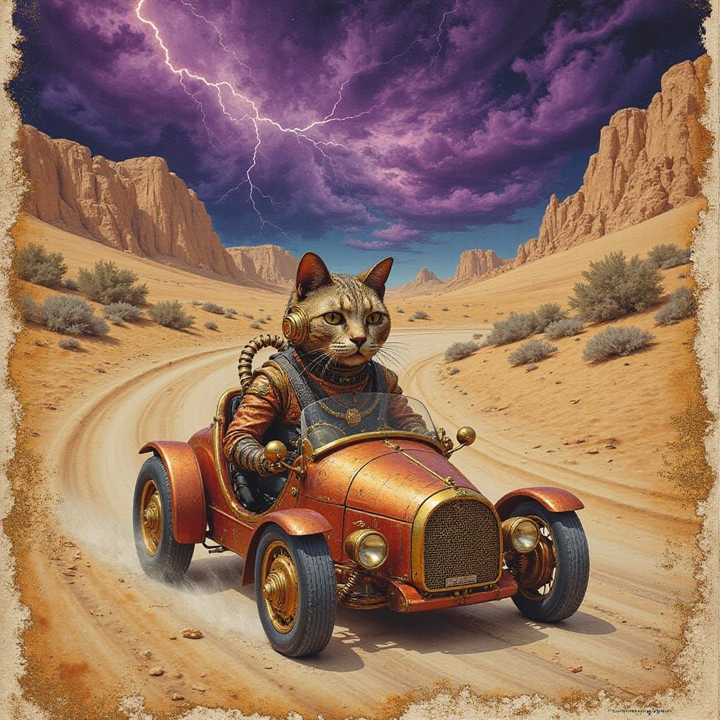 Steampunk Robot Cat Car in Vibrant Desert Landscape